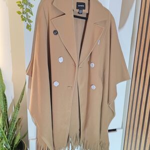 Express Tan Double-Breasted Cape with Fringe